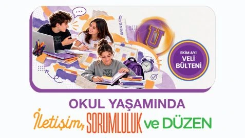 Ekim Ayı Veli Bülteni kapağı: “Okul yaşamında iletişim, sorumluluk ve düzen”; ders çalışan ve sohbet eden üç genç