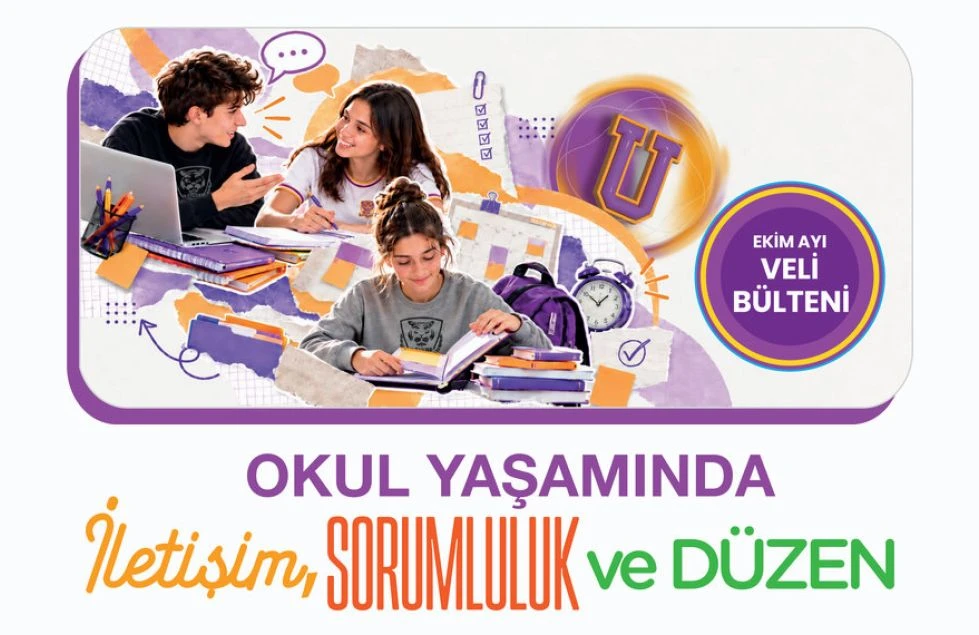 Ekim Ayı Veli Bülteni kapağı: “Okul yaşamında iletişim, sorumluluk ve düzen”; ders çalışan ve sohbet eden üç genç