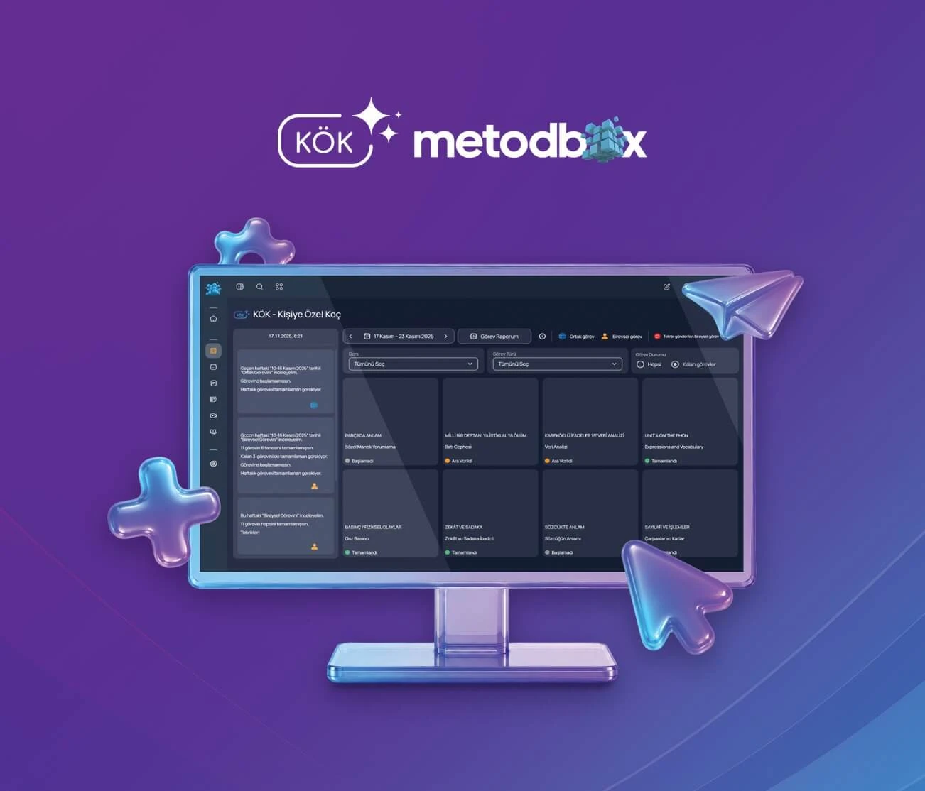 KÖK ve Metodbox logoları, bilgisayar ekranında “KÖK - Kişiye Özel Koç” panosu